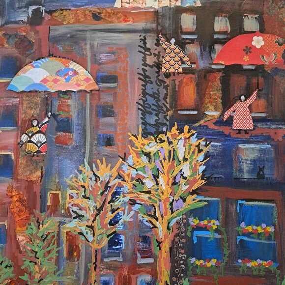 Original art 20x25 canvas mixed media acrylic and origami papers. Signed